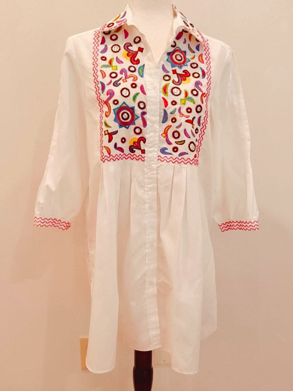 Sandy Starkman Tunic Top Shirt Women Medium Embroidered Colorful Peasant Pleated